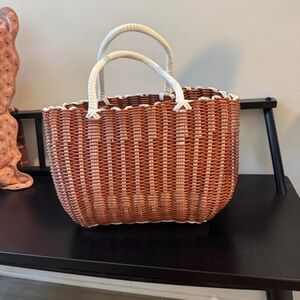 Brown and White Plastic Reusable Woven Tote Bag for Pool Beach Market